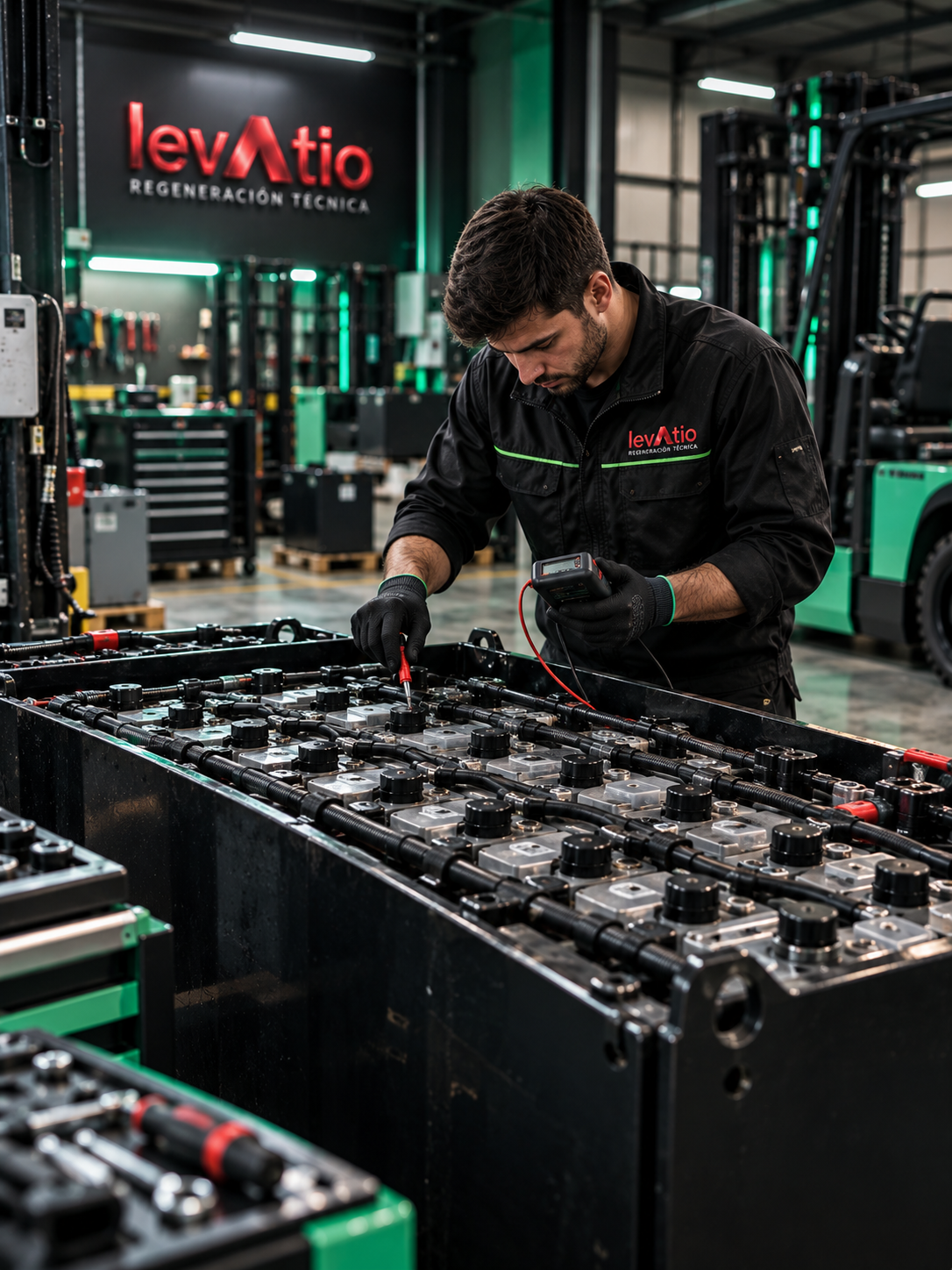 Técnico realizando mantenimiento de batería industrial